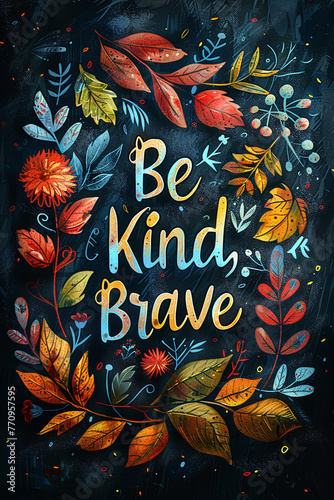 Illustration with a colorful lettering - Be kind,  brave and leaves in chalk design style on a black background. The pattern is perfect for the design of posters, cards, banners, chalk boards