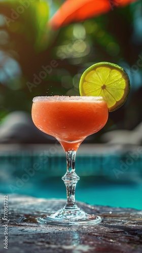 Pink Cocktail by Poolside Table
