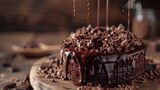 Velvety chocolate pouring from the top of a sumptuous cake, forming luscious streams that beckon with irresistible allure.