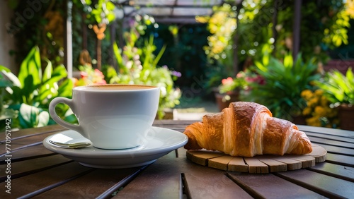 Coffee and croissant, fresh breakfast in summer garden café