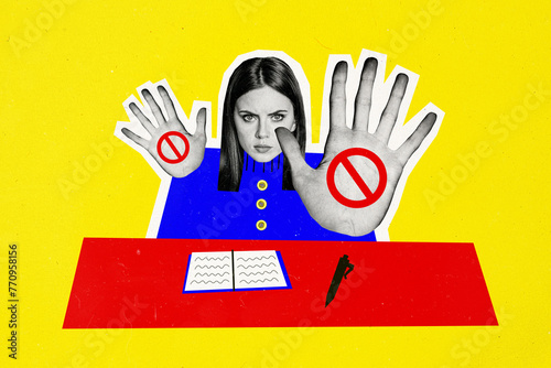 Composite collage picture image of girl say no working employee deny rejection fantasy billboard comics zine
