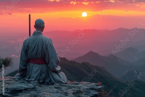 Shaolin monk in the mountains photo