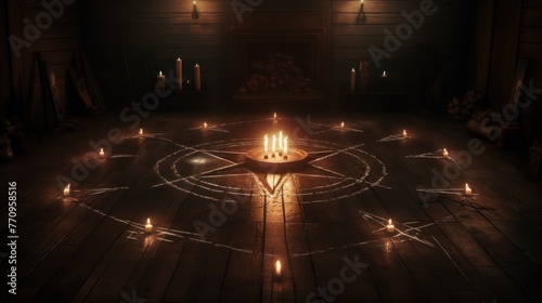 A circle of candles forms a hexagram around a central bowl of candles in a dark room.