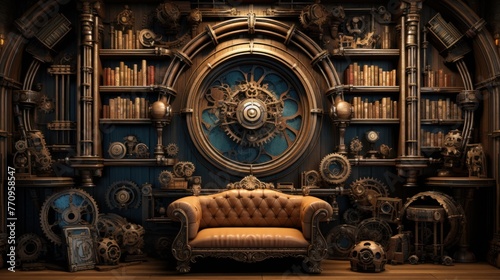 The sofa stands in front of a wall with bookshelves. There is also a large clock on the wall and many different gears attached to it. Steampunk style.