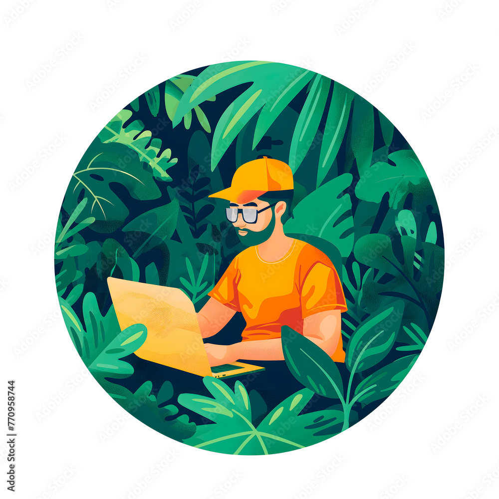 concentrated software engineer working at a laptop in a dense jungle, a flat 2D illustration enclosed in a circle on a white background,the concept of freelancing, remote work,remote work,online life
