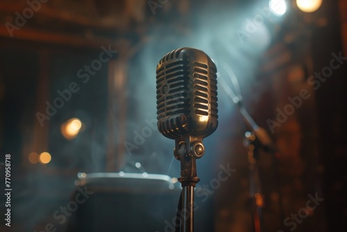 Vintage microphone on a stand highlighted by a soft spotlight with smoke and bokeh in the background, giving a classic jazz club feel.