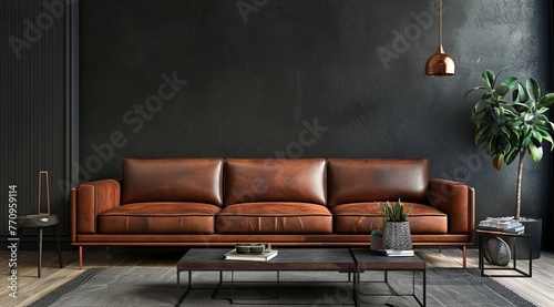 Modern living room with leather sofa and coffee table against dark gray wall, in the style of industrial interior design concept