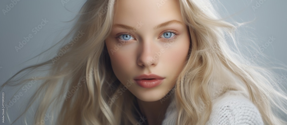 A woman with layered blonde hair and blue eyes gazes at the camera, her long lashes framing her striking blue eyes. Her nose, lips, jaw, and neck exhibit a graceful gesture