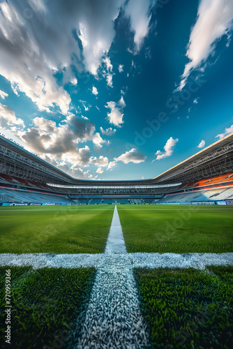 Expansive Stadium View Captured From Midfield Under a Dynamic Cloudy Sky. AI.