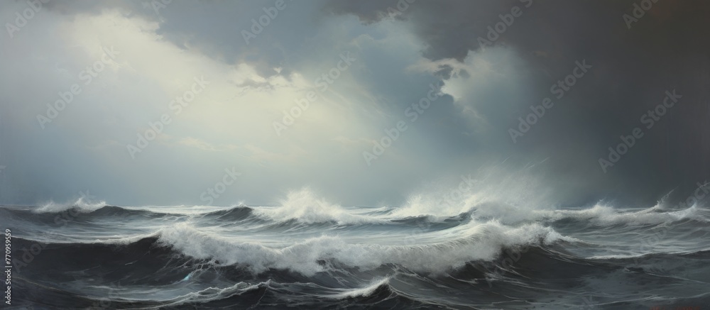 A dramatic landscape painting depicting a stormy ocean with crashing waves, dark clouds in the sky, and a turbulent atmosphere filled with fluid motion and gusts of wind