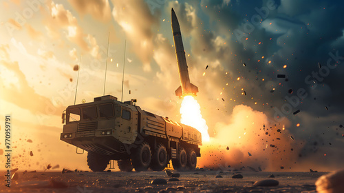 Military Missile Launch From Mobile Transporter Erector Launcher at Sunset. AI. photo