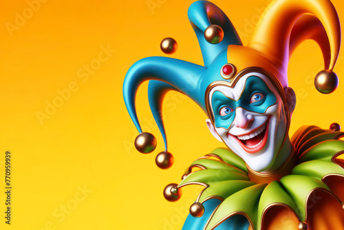 Funny jester in a hat smiling isolated on a color background April Fools' Day April 1