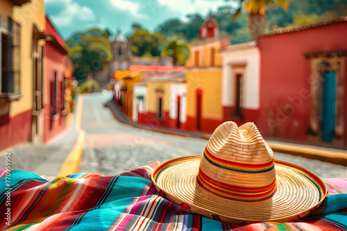 A Mexican sombrero and blanket in front of an old town