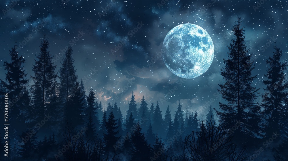 A large blue moon is shining in the sky above a forest of trees. The scene is peaceful and serene, with the moonlight casting a soft glow on the trees and the snow-covered ground A large blue moon is shining in the sky above a forest of trees. The scene is peaceful and serene, with the moonlight casting a soft glow on the trees and the snow-covered ground
