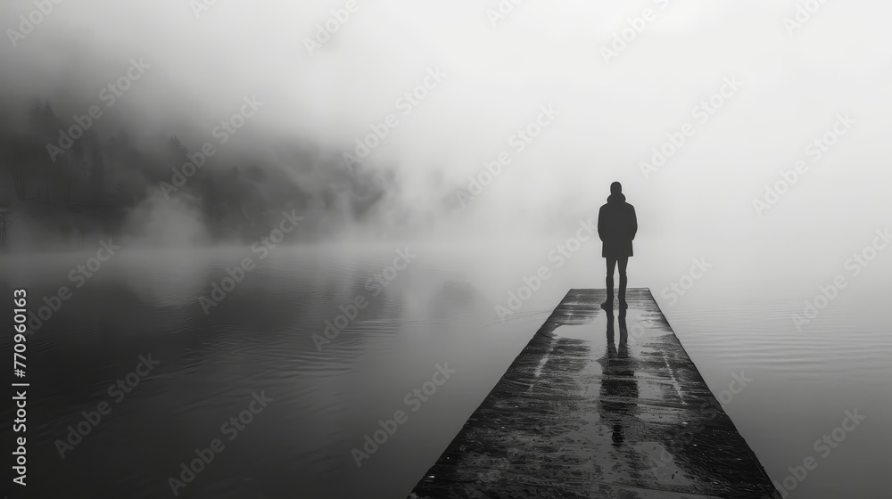 A man stands on a pier in front of a body of water. The sky is overcast and the water is foggy. The scene is quiet and peaceful - obrazy, fototapety, plakaty 
