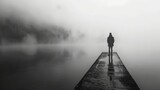 A man stands on a pier in front of a body of water. The sky is overcast and the water is foggy. The scene is quiet and peaceful