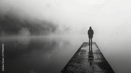 A man stands on a pier in front of a body of water. The sky is overcast and the water is foggy. The scene is quiet and peaceful photo