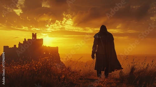A man in a black cloak walks across a field with a castle in the background. The sky is orange and the sun is setting