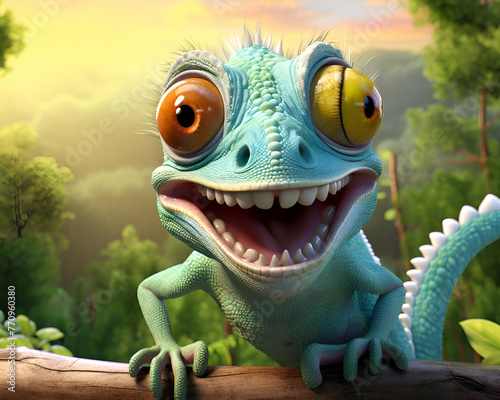 Funny cartoon chameleon with big eyes on the nature background