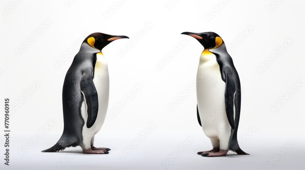 Fototapeta premium Two penguins facing each other on a white background.