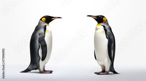 Two penguins facing each other on a white background.