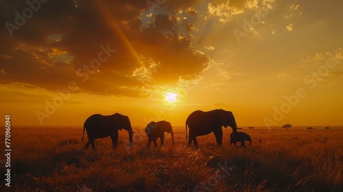 A group of elephants walking in a field at sunset. The sun is setting in the background, casting a warm glow over the scene. The elephants are of different sizes, with some being larger
