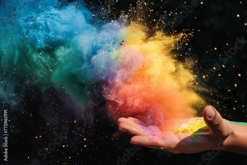 A magical explosion of rainbow-colored powder from a cupped hand, creating a vibrant dust cloud in the colors of the spectrum against a black backdrop