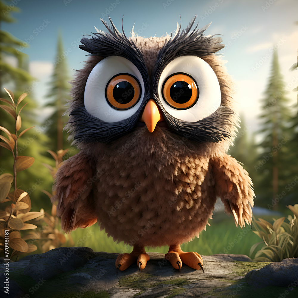 Fototapeta premium Owl with big eyes in the forest. 3d illustration.