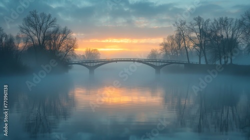 A bridge over a foggy river with a beautiful sunset in the background. The bridge is surrounded by trees and the water is calm