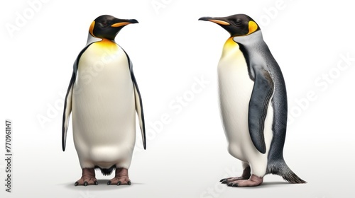 Two king penguins standing next to each other. They have yellow and black feathers with a white body. The background is white.