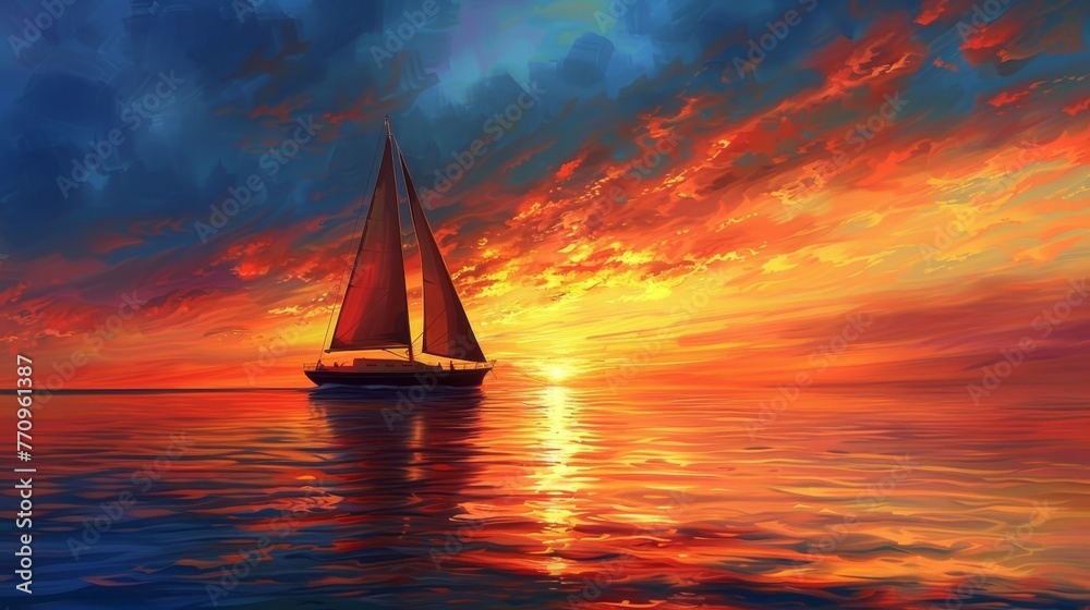 A sailboat is sailing on a calm ocean at sunset. The sky is filled with vibrant colors, creating a serene and peaceful atmosphere