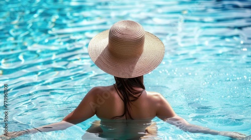 Woman sitting in a swimming pool in a large sunhat