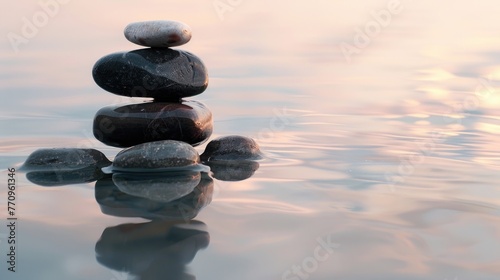 Stack of volcanic pebbles in calm water
