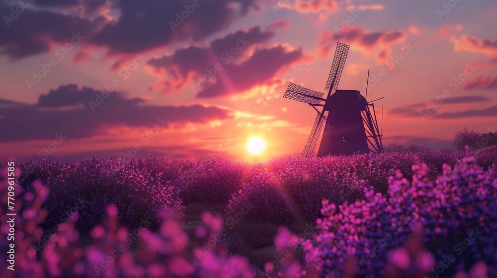 A windmill is in a field of purple flowers. The sun is setting, casting a warm glow over the scene. The flowers are in full bloom, creating a serene and peaceful atmosphere