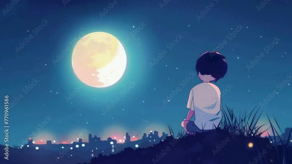 2D flat animation, young boy sitting on the top of the hill at night, look at the moon and the city lights. Break time, anime style, lofi aesthetic, vaporwave. Looping animation, perfect for beats.