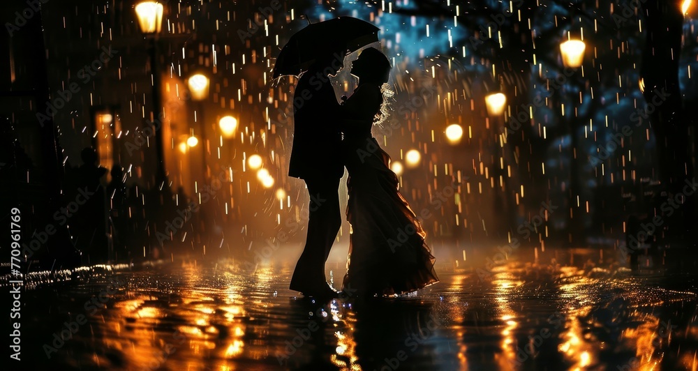 A couple is kissing under an umbrella in the rain. The image has a ...