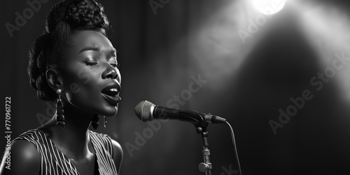 Black and white portrait of a female jazz singer performing passionately into a microphone with a spotlight above. Place for text. photo