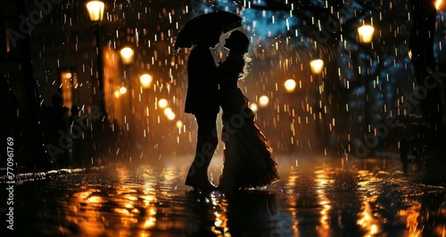 A couple is kissing under an umbrella in the rain. The image has a romantic and intimate mood © Rattanathip