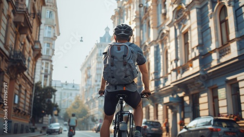 cyclist with a backpack while riding in the city on an exorbitant bike. Man in sportswear and a helmet rides the city square on a bike. Traveling around the city on a bicycle