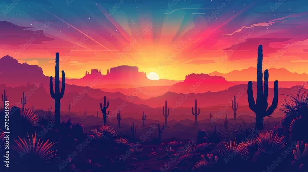A desert landscape with a sunset in the background. The sun is setting behind a mountain range. The sky is filled with a variety of colors, including red, orange, and purple - obrazy, fototapety, plakaty 
