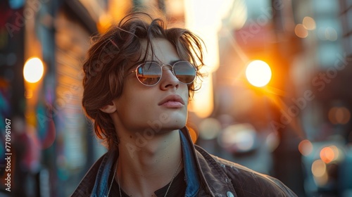 Young Man Wearing Sunglasses on City Street