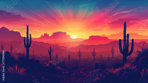 A desert landscape with a sunset in the background. The sun is setting behind a mountain range. The sky is filled with a variety of colors, including red, orange, and purple photo