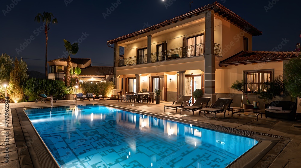 Luxury villa with swimming pool and patio furnitures at night