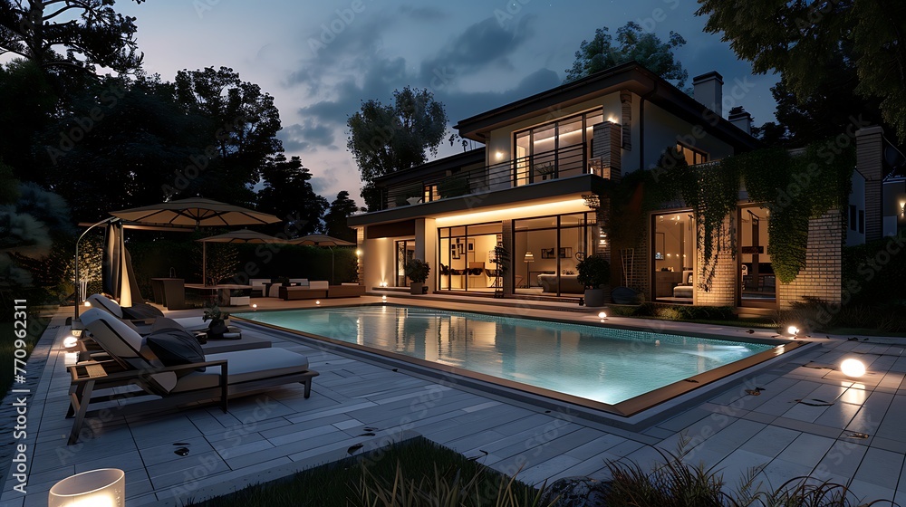 Luxury villa with swimming pool and patio furnitures at night
