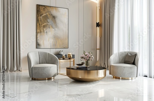 Modern luxury living room with neutral color scheme, light gray velvet fabric armchairs and gold metal coffee table