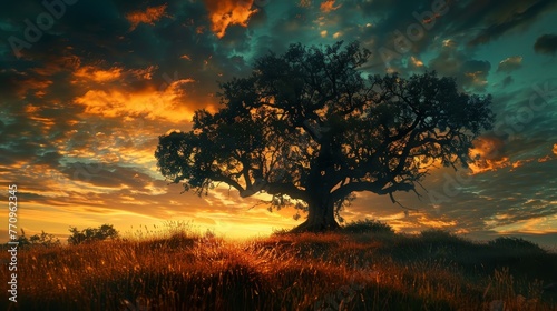 A large tree stands in a field with a beautiful sunset in the background. The sky is filled with clouds  and the sun is setting  casting a warm glow over the scene