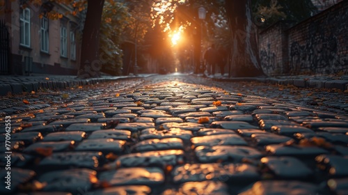 A street with a brick walkway and a tree in the background. The sun is setting and the light is reflecting off the cobblestone