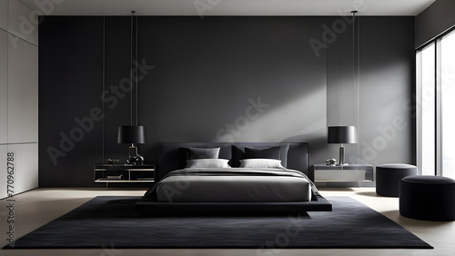 This is an image of an interior bedroom with black as the main color. Generative AI. photo