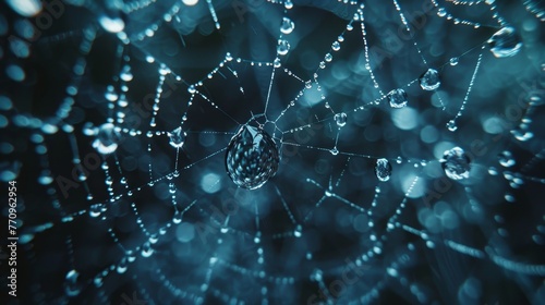A spider web with water droplets on it. The water droplets are scattered all over the web, creating a sense of movement and fluidity. The spider web itself is a delicate and intricate design