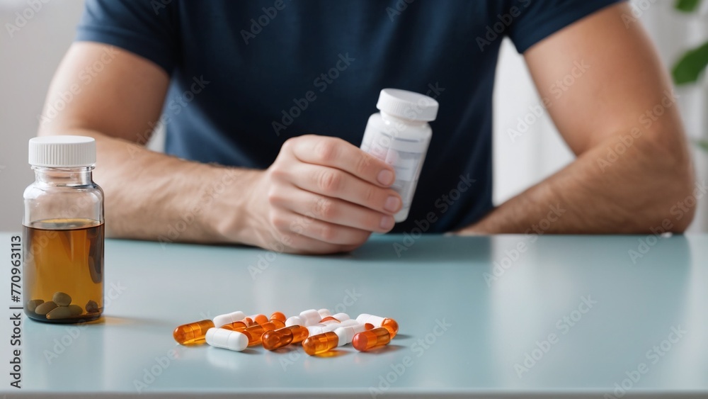 Sick man holding pills on hand on table, taking painkillers. Healthcare, headache, treatment, therapy concept Sick man holding pills on hand on table, taking painkillers. Healthcare, headache, treatment, therapy concept